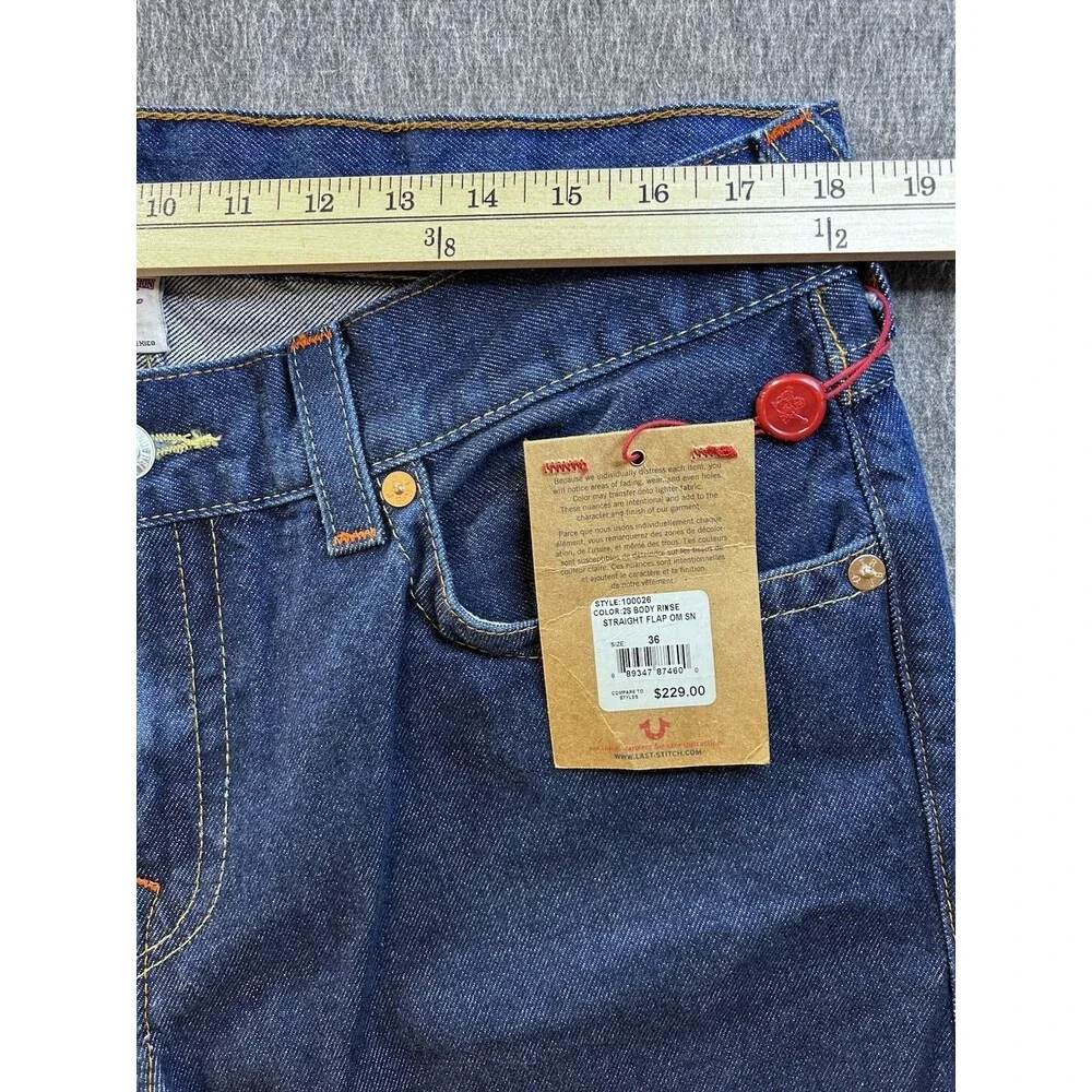 229$ True Religion World Tour Body Rinse Straight Flap Dark Wash Jeans Sz 36x34